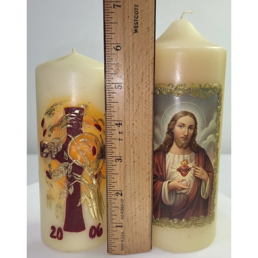 Vintage Religious Pillar Candles Sacred Heart Jesus Cross 2006 Cream Set of 2